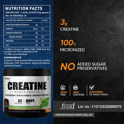 ATOM Creatine Monohydrate | Dope Free | Enhances Performance | Promotes Muscle Gains