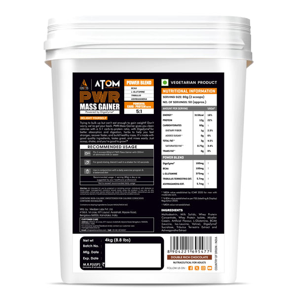 ATOM PWR Mass Gainer with BCAA, L-Glutamine, Tribulus, Ashwagandha
